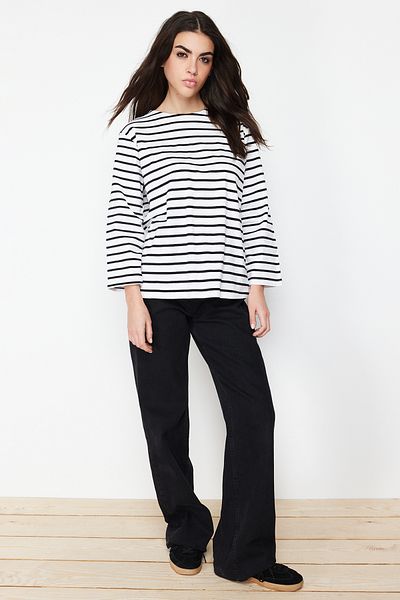Trendyol Modest Ecru Regular Single Jersey Cotton Lycra Striped Knitted Tunic TCTSS24UK00029
