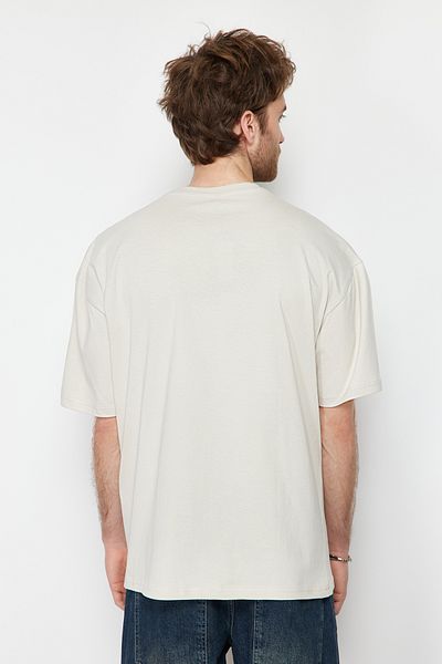 Trendyol Collection Βαμβακερό μπλουζάκι Oversize Stone Color Deer κεντημένο - TMNSS24TS00055