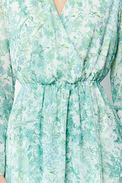 Trendyol Collection Zöld, virágos derekán nyíló sifon bélésű mini szőtt ruha TWOSS24EL00642
