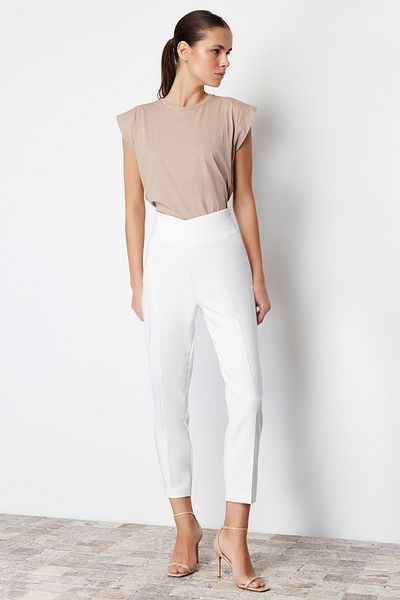Trendyol Collection Ecru Cigarette Ribbed Waist Detailed Woven Trousers TWOSS24PL00116