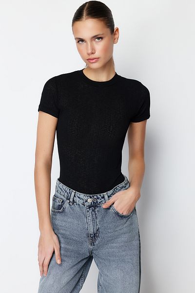 Trendyol Collection Black Special Textured Tulle Slim Short Sleeve Stand Collar Knitted Body TWOSS24BD00023