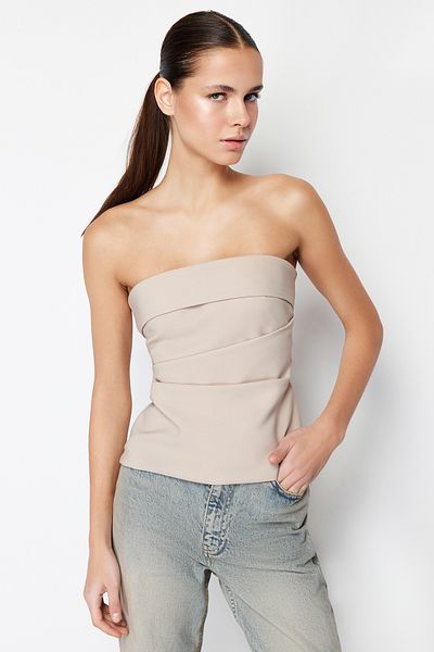 Trendyol Collection Στράπλες ντραπέ μπλούζα βιζόν - υφαντό, εφαρμοστό, TWOSS24BZ00348