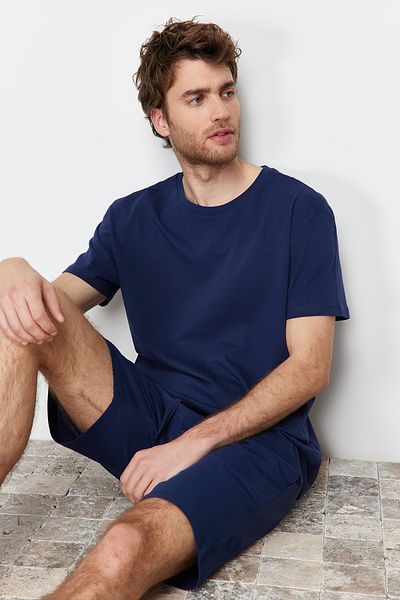 Trendyol Collection Sada pyžama ze 100% bavlny s kraťasy v námořnické modré Regular Fit Tmnss22Pt0042