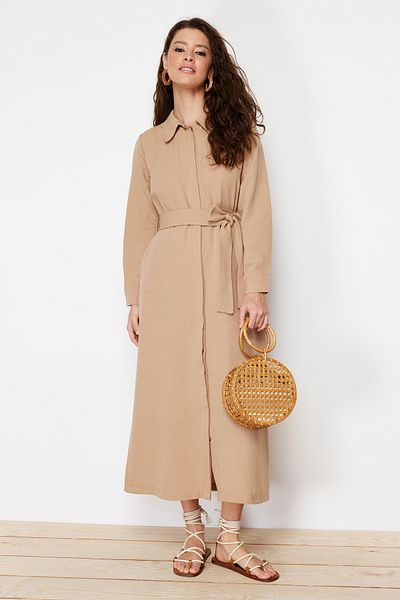 Trendyol Modest Φόρεμα με ανοιχτό μπεζ λινό look TCTSS24EB00114