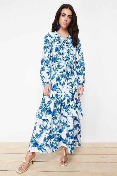 Trendyol Modest Ecru Floral Collar Ruffle Detailed Woven Dress TCTSS24EB00079
