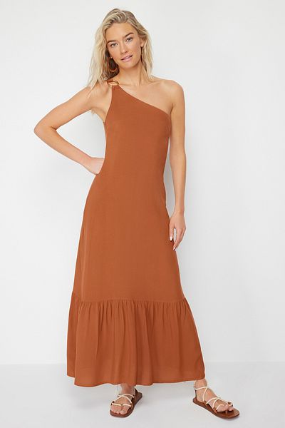 Trendyol Collection Brown Midi Woven One Shoulder Beach Dress with Accessories TBESS24EL00019
