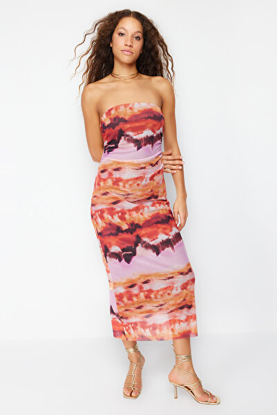 Trendyol Collection Rugalmas maxi hosszúságú ceruzaruha - többszínű és húzózsinóros mintás TWOSS24EL00081