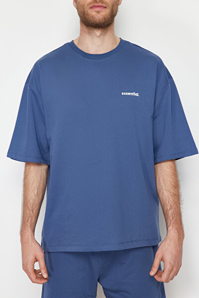 Trendyol Collection Indigo Oversize Tracksuit Set - Text Printed, 100% Cotton, TMNSS24EM00003