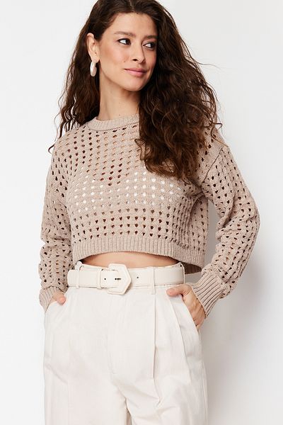 Trendyol Collection Mink Super Crop Openwork/Hole Knitwear Sweater TWOSS24KZ00016