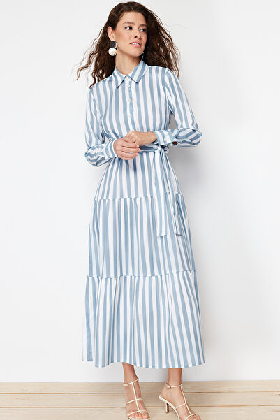 Trendyol Modest Rochie cămașă albastră cu dungi și brâu - TCTSS24EB00150