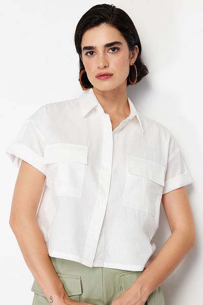 Trendyol Collection Cotton Ecru Regular Shirt - Pocket Detail, Woven, TWOSS24GO00042