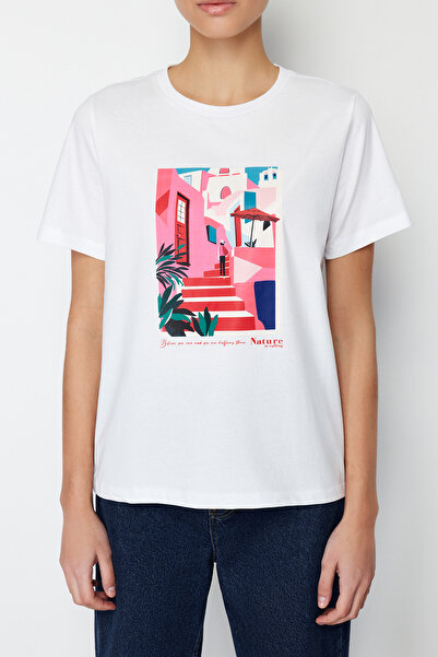 Trendyol Collection White 100% Cotton Landscape Printed Regular/Normal Fit Knitted T-Shirt TWOSS24TS00035