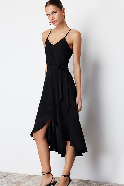 Trendyol Collection Чорна розкльошена ткана максі-сукня ECUTE з ґудзиками TWOSS23EL02271