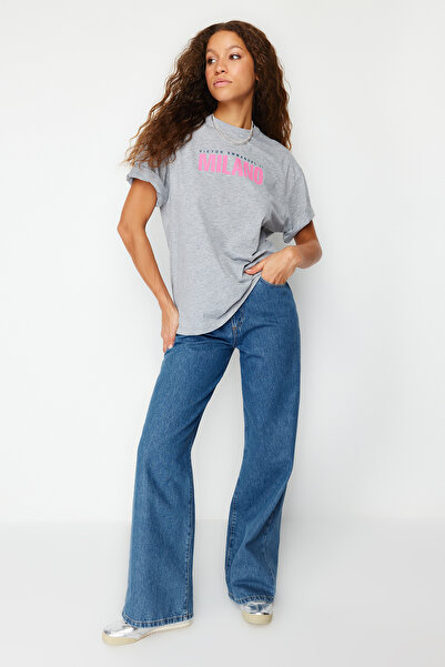 Trendyol Collection Gray Melange Front and Back Printed Oversize/Wide Fit Crew Neck Knitted T-Shirt TWOSS24TS00066