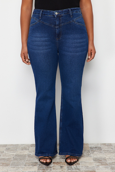 Trendyol Curve Kék, magas derekú komfortvarrás, részletes spanyol lábszárú flare Fit farmer TBBSS24CJ00003