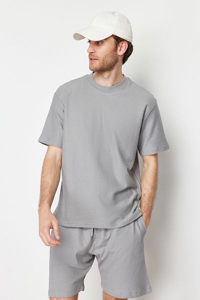 Trendyol Collection Limited Edition Grey Oversize 100% Cotton Labeled Textured Basic Thick T-Shirt Tmnss23Ts00074