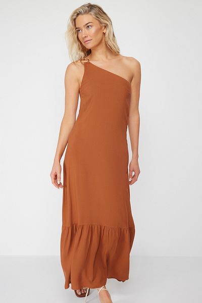 Trendyol Collection Brown Midi Woven One Shoulder Beach Dress with Accessories TBESS24EL00019