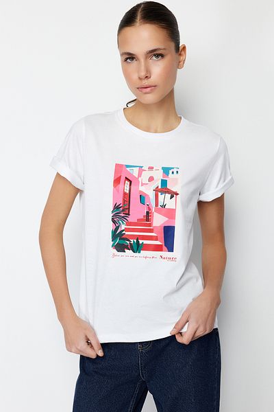 Trendyol Collection White 100% Cotton Landscape Printed Regular/Normal Fit Knitted T-Shirt TWOSS24TS00035