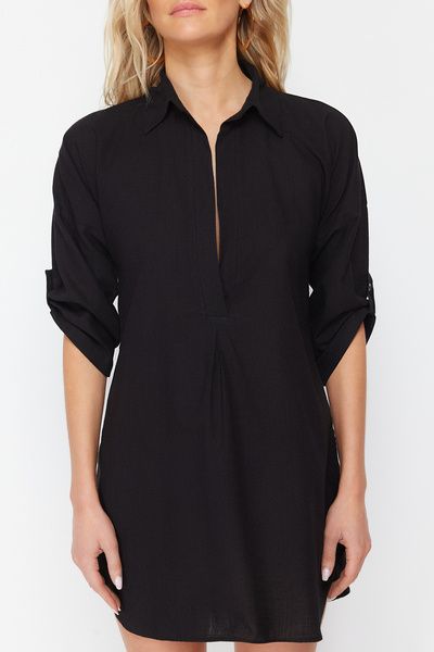 Trendyol Collection Μαύρο υφαντό βαμβακερό μίνι φόρεμα παραλίας TBESS21EL3979