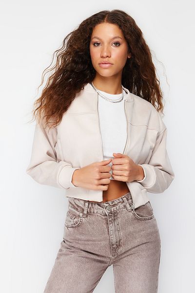 Trendyol Collection Übergroße Wildleder-Bomberjacke – Stone, TWOSS24MO00048