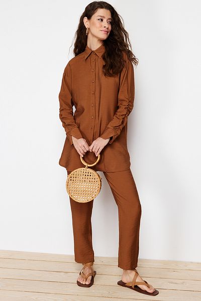 Trendyol Modest Brown Sleeves Gathered Aerobin Shirt Pants Woven Bottom Top Suit TCTSS24US00036