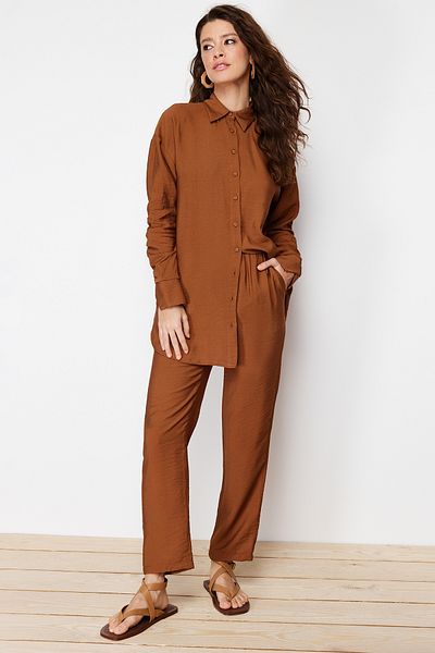Trendyol Modest Brown Sleeves Gathered Aerobin Shirt Pants Woven Bottom Top Suit TCTSS24US00036