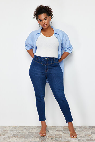 Trendyol Curve Σκούρο μπλε ραφές λεπτομερές ελαστικό τζιν τζιν TBBSS24CJ00001