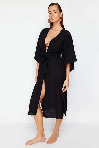 Trendyol Collection Black Belted Maxi Woven Linen Look Kimono&Kaftan TBESS23KM00058