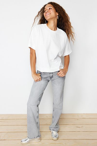 Trendyol Collection Ecru 100% bavlna Střih a rozparek Detailní oversize/pohodlný střih Pletené tričko TWOSS24TS00027