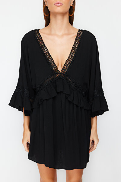 Trendyol Collection Černé mini plážové šaty s tkanou stuhou TBESS21EL2759