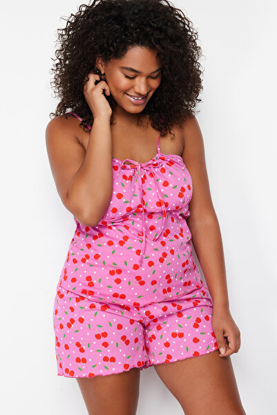 Trendyol Curve Multicolor Cherry Pattern Knitted Pajamas Set Tbbss24Ai00036