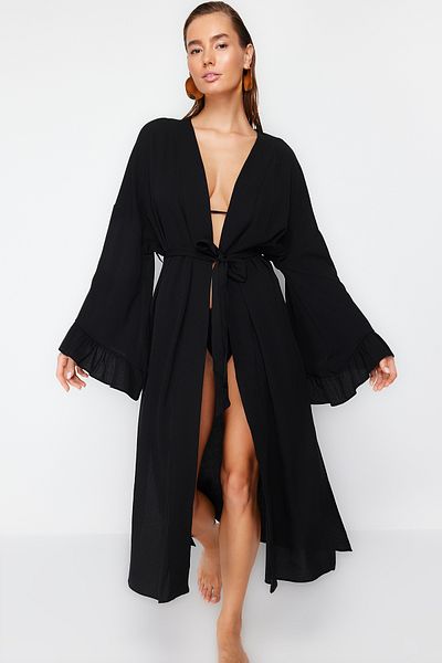 Trendyol Collection Black Belted Maxi Woven Ruffle Flared Cotton Beach Kimono&Kaftan Tbess24Km00026
