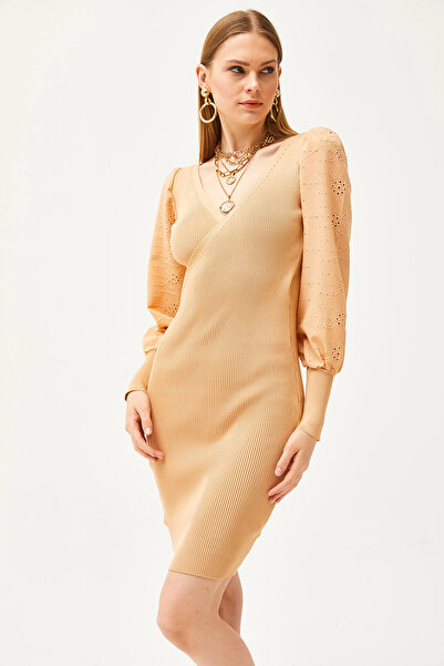 Olalook Rochie de tricot mini pentru femei, cu mâneci din spumă de miere, festonată, cu piept dublu, ELB-19001812