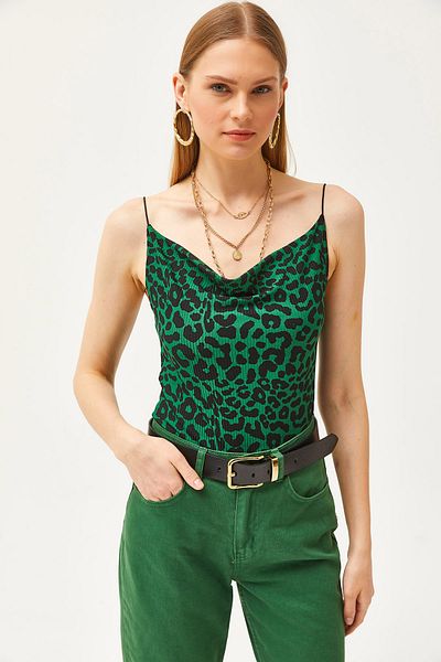 Olalook Women's Leopard Emerald Green Degaje Collar Strap Blouse BLZ-19000987