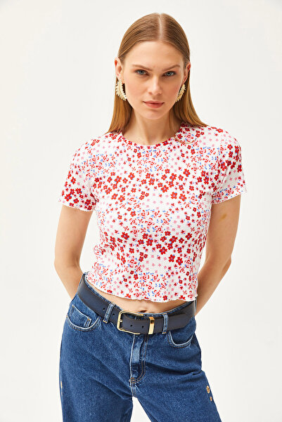 Olalook Kadın Çiçek Kırmızı Bisiklet Yaka Bebe Overlok Crop Bluz BLZ-19002510