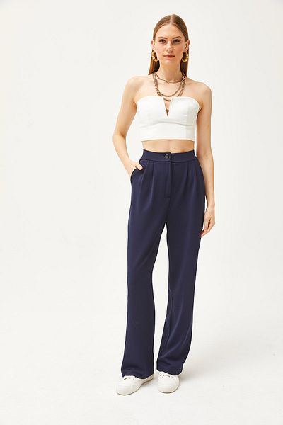 Olalook Women's Navy Blue Pocketed Pleated Wide Leg Palazzo Trousers PNT-19000256