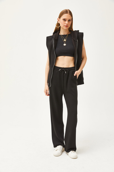 Olalook Women's Black Pocketed Soft Textured Modal Palazzo Sweatpants EŞF-00000068