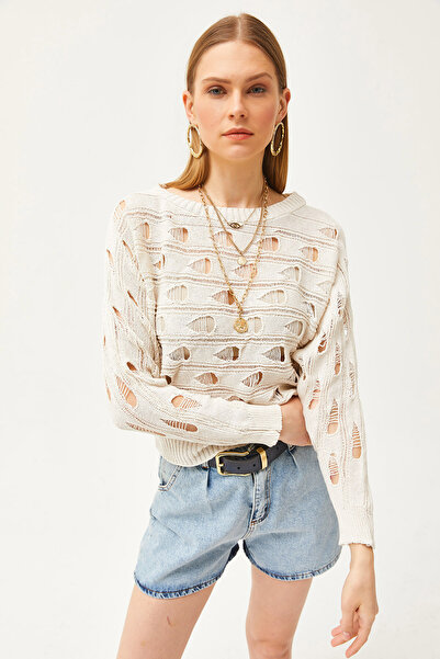 Olalook Kadın Ekru Büyük Delikli Yarasa Mevsimlik Triko Bluz BLZ-19002503