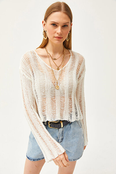 Olalook Kadın Ekru V Yaka Şerit Ajurlu Mevsimlik Triko Bluz BLZ-19002508
