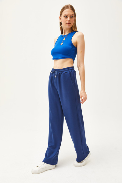 Olalook Női sötétkék zsebes, puha textúrájú modális Palazzo melegítőnadrág EŞF-00000068