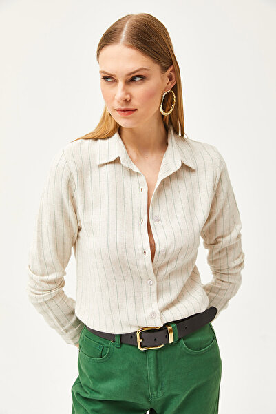 Olalook Women's Stone Green Striped Linen Shirt GML-19001176