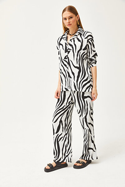 Olalook Set pantaloni pentru femei, alb, negru, de sus, cu buzunarul de jos TKM-19000259