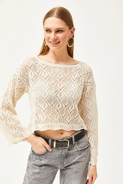Olalook Women's Ecru Boat Neck Large Geometric Patterned Cotton Knitwear Blouse BLZ-19002491