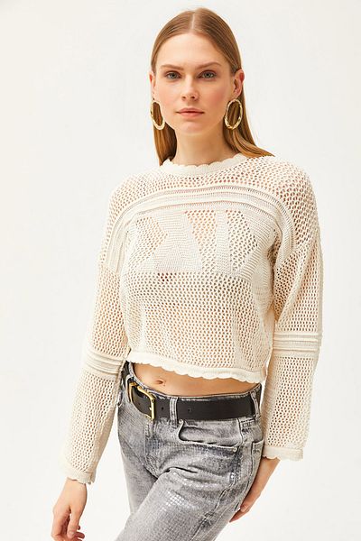 Olalook Women's Ecru Robe Perforated Stripe Detailed Cotton Knitwear Blouse BLZ-19002500