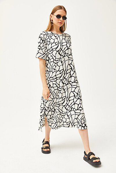 Olalook Bürümcük Taş Ekru Yanı Yırtmaçlı Overersize  Elbise ELB-19001880