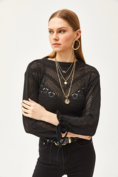 Olalook Women's Black Cuff Tie Seasonal Knitwear Blouse BLZ-19002512