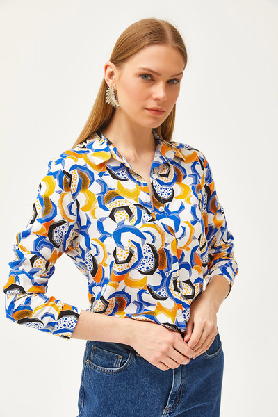 Olalook Women's Saks Blue Geometric Patterned Woven Shirt GML-19001174