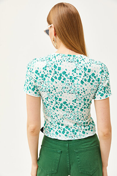 Olalook Γυναικεία Floral Grass Crew Neck Baby Overlock Crop Μπλούζα BLZ-19002510