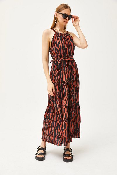 Olalook Női Zebra csempe kötőfék gallér, öves, szőtt viszkóz ruha ELB-19001548