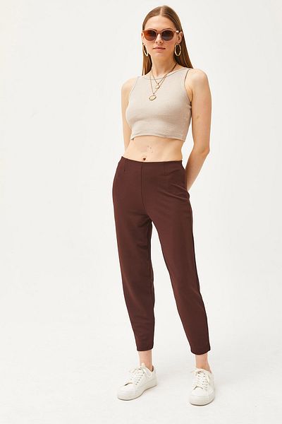Olalook Women's Bitter Brown Waist Detailed Baggy Cut Trousers PNT-19000257